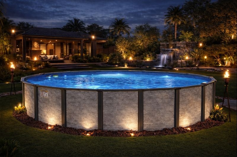 Above ground pool in backyard with pool lights at night time.